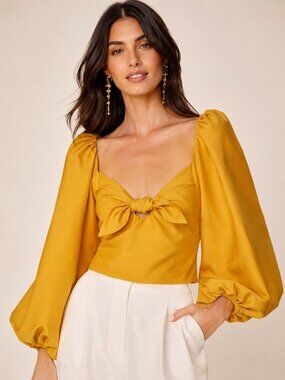 NWT No Pise La Grama Daniela Panaro Bow Front Balloon Sleeve Blouse Mustard L